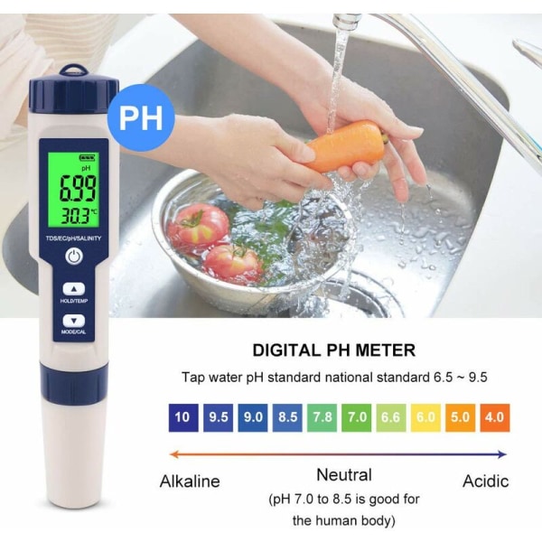 5-i-1 elektronisk PH-mätare, mäta pH & TDS & EC salthalt och temperatur Vattenkvalitetstestare, LCD-skärm och avläsningsnoggrannhet, för dricksvatten