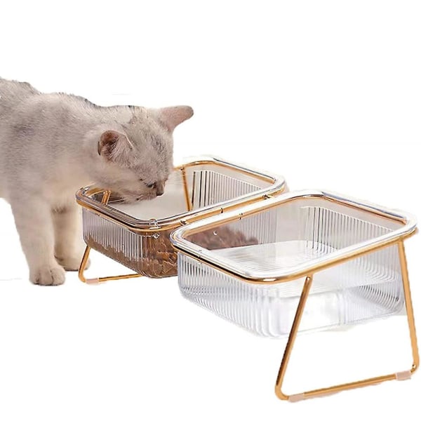 Dubbel kattskål med upphöjt stöd, lutning 15 , halkfri, transparent, för mat och vatten, guld