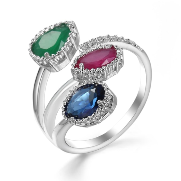 Nya smycken koreanskt mode handsmycken vattendroppe safirblå zirkonring öppen kopparring hona red green blue