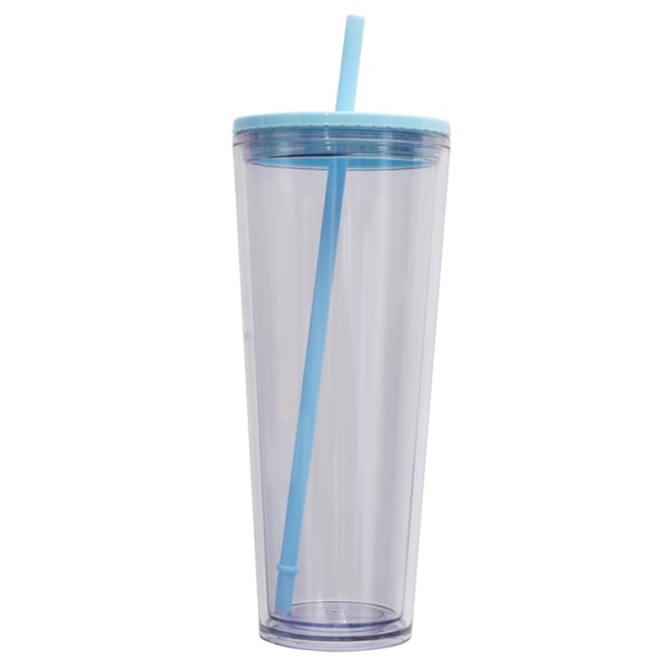 Dubbellagers Plast Kallvattenkopp, Transparent Beverage Cup, Halm Water Cup med färgat lock blue