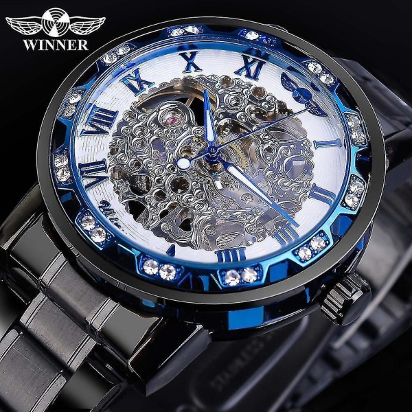 (Blå) Vinnare Transparent Diamond Mechanical Watch Blå Rostfritt stål Skeleton Watch Toppmärke