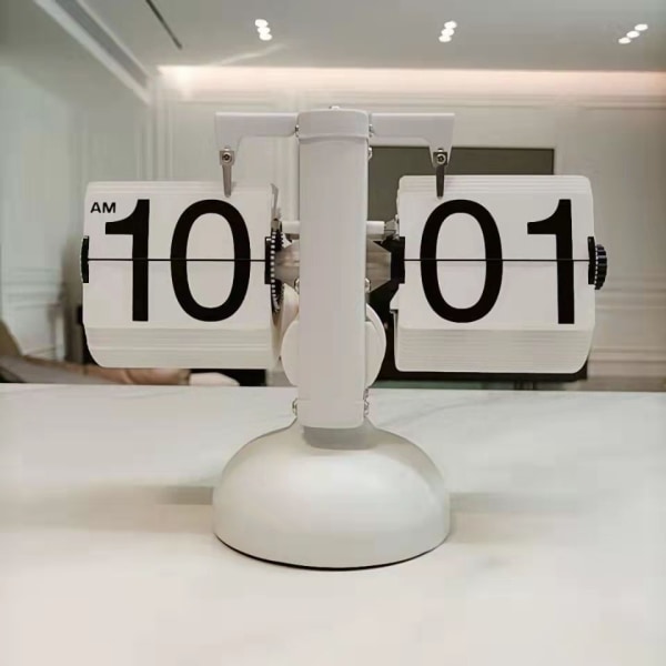 Automatisk flip digital klocka bord rostfritt stål enkelfot vänd sida för hem sovrum vardagsrum kontor skrivbord dekoration gåva white