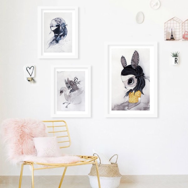 Miss Rabbit Väggkonst Print affisch, enkel söt akvarellkonstteckningsdekor för hem Vardagsrum Sovrum Kontor