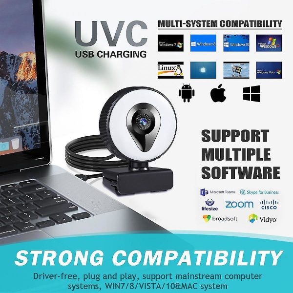 1080p webbkamera med mikrofon, autofokus/integrerat justerbart ringljus, USB webbkamera, plug&play, för pc, Skype, bärbar dator, zoom, livestreaming, video C