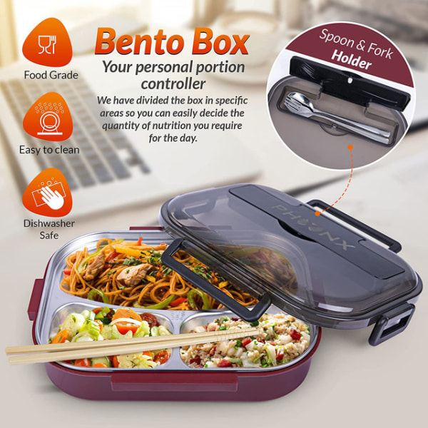 Bento Box - Läcksäker Bento Lunchbox behållare för barn och vuxna - 3-fack rostfritt stål foder - med redskap