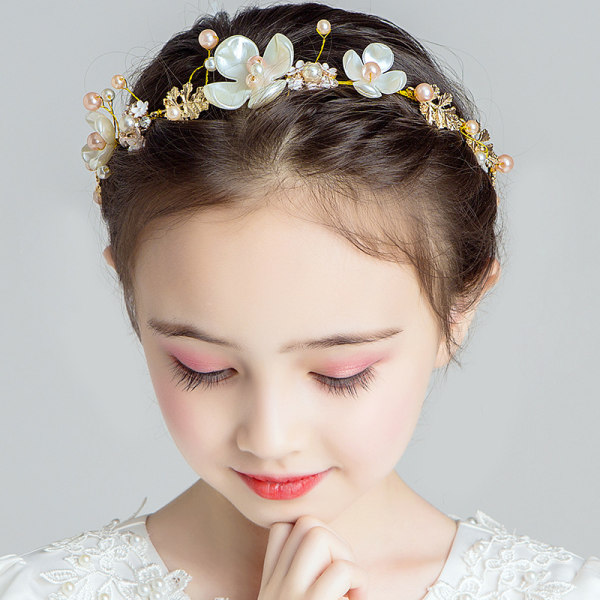 Barnbröllopshåraccessoarer, blommig prinsessans huvudstycke Pärlor Tiara första nattvardshårbandet för