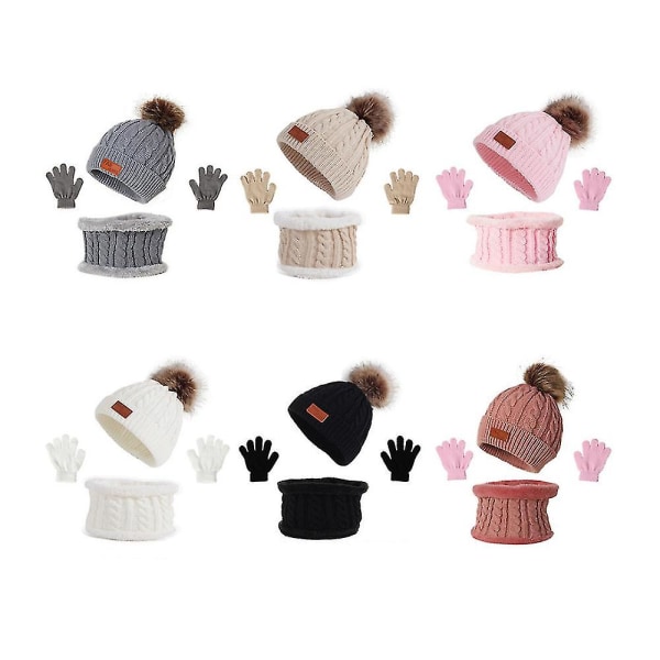 3-delad Winter Girls Beanie Scarf och handskar Set Classic Knit Warm Hat Leather Pink