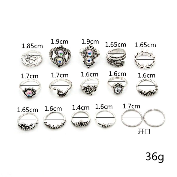 16 st Vintage Dam Boho Kristallring Silver Joint Knuckle Rings Set Tiara Stacking Smycken Ringar för kvinnor och flickor