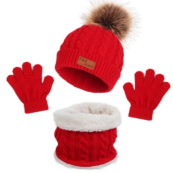3-delad Winter Girls Beanie Scarf och handskar Set Classic Knit Warm Hat red
