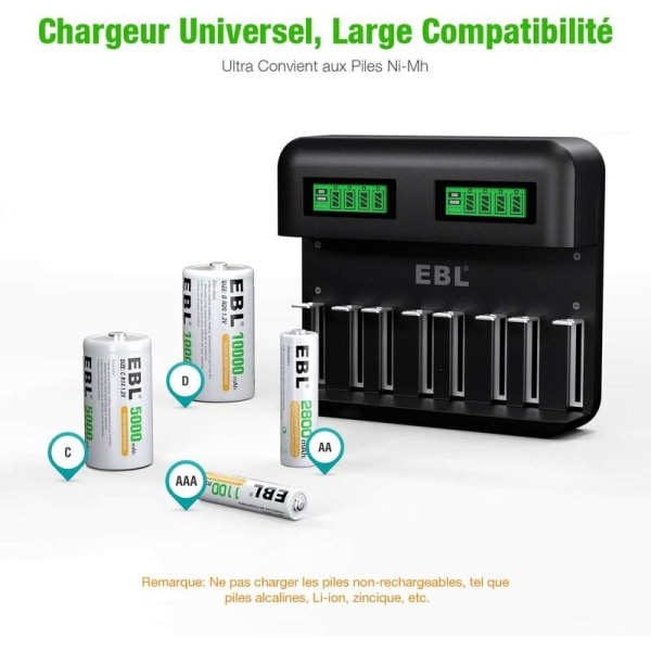 LCD universal batteriladdare, universal laddare för AA/LR6, AAA/LR3, C/R14, D/R20 Ni-MH uppladdningsbara batterier med typ C Micro USB -ingång Svart