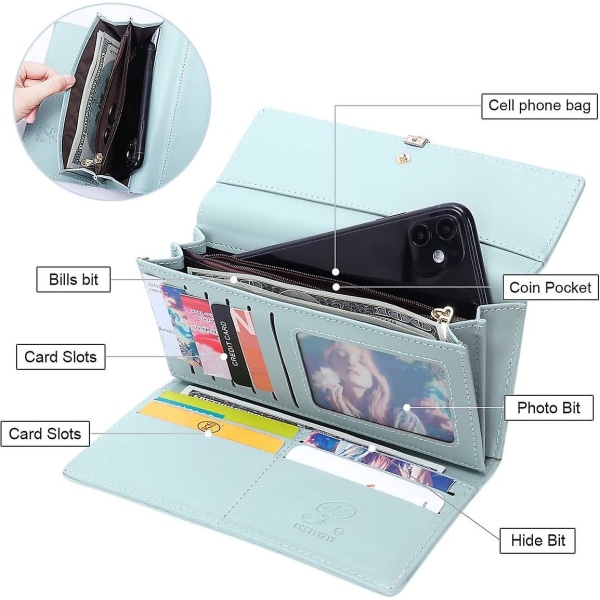 Kreditkortshållare för plånbok för kvinnor - Lång plånbokskoppling för kvinnor i läder med metallspänne - svart black