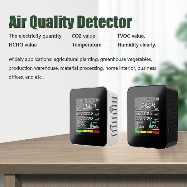 Hushållsluftkvalitetsdetektor Multifunktionell Co2-testare med koldioxid Tvoc Hcho Värde Elektricitet Kvantitet Temperatur med larmfunktion