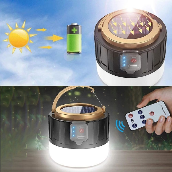 Solar LED-campinglampa Uppladdningsbar, Nödljus - Fjärrkontroll Ficklampa Tältlampa, Power Bank, 3 ljuslägen, Utomhuscampingresor