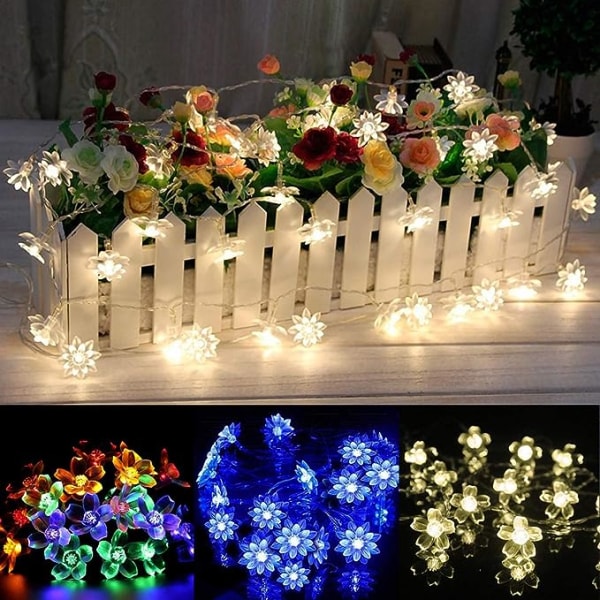 50 lysdioder 7 m persika blomma solar lampa Power led slingor Fairy Lights Solar girlander trädgård (varm vit) Warm White