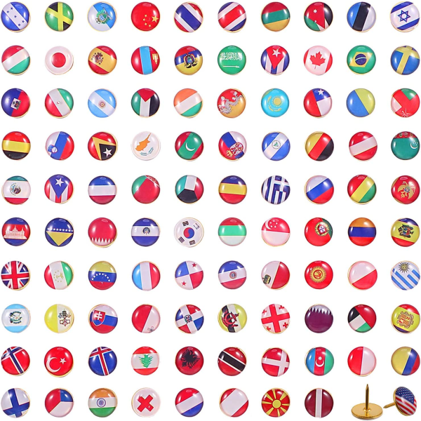 Kreativa trycknålar Nationell flagga Häftstift Landskarta Trycknålar för anslagstavla, karta, kontor (100 stycken, olika ländermönster)