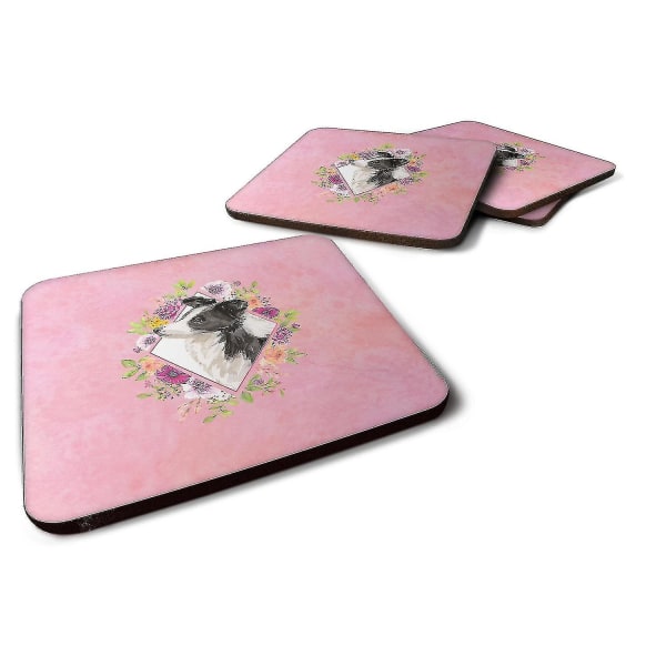 -carolines Treasures Ck4258fc Border Collie Pink Flowers Foam Coaster Set med 4