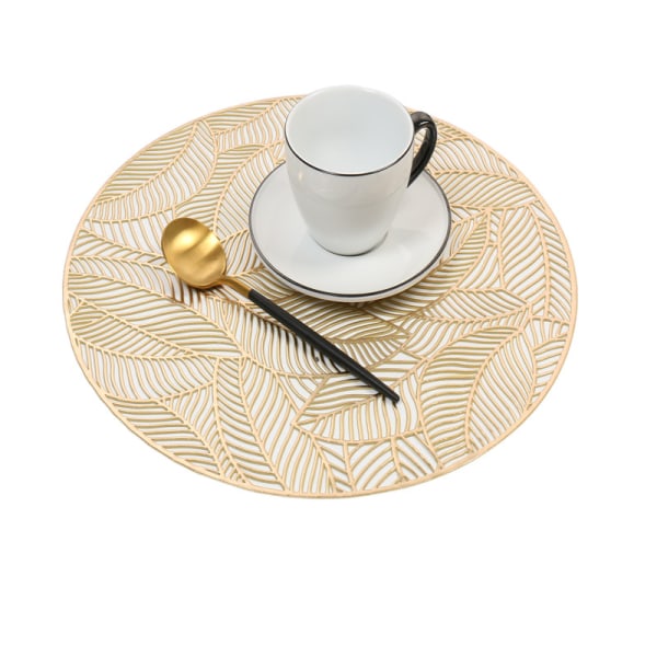Runda bordstabletter för middagsbord Set med 6 metalliska ihåliga blad bordsmatta Pressad vinyl bordstabletter Bordsdekoration gold