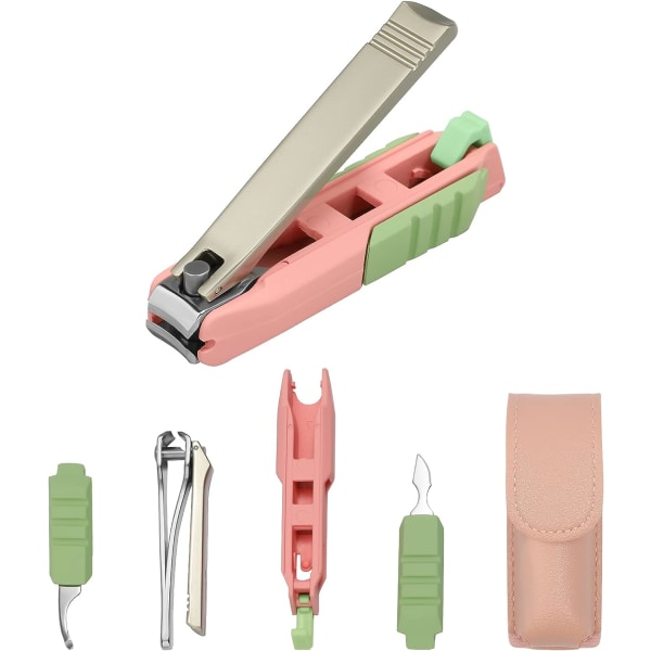 5 i 1 nagelklippare med fångst, multifunktionell stänksäker nagelklippare med telefonhållare, set med rosa case