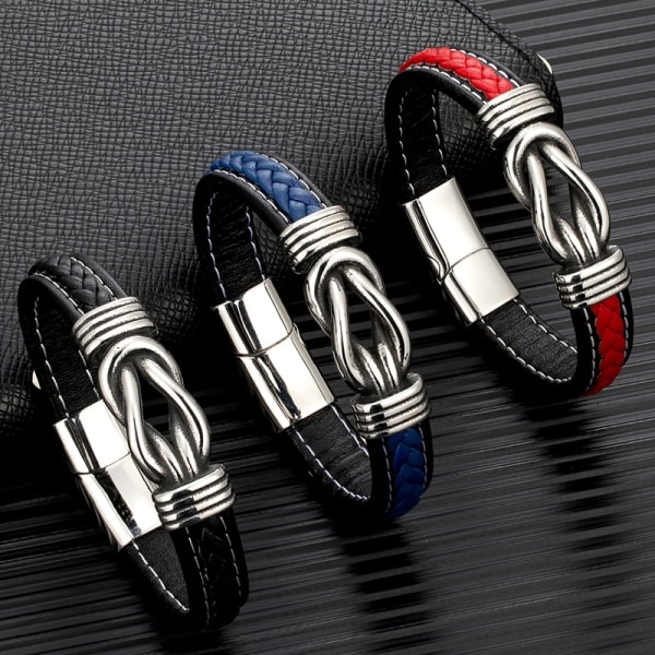 Enkelt tvåfärgat läderarmband för män, magnetspänne i rostfritt stål, punkarmband black