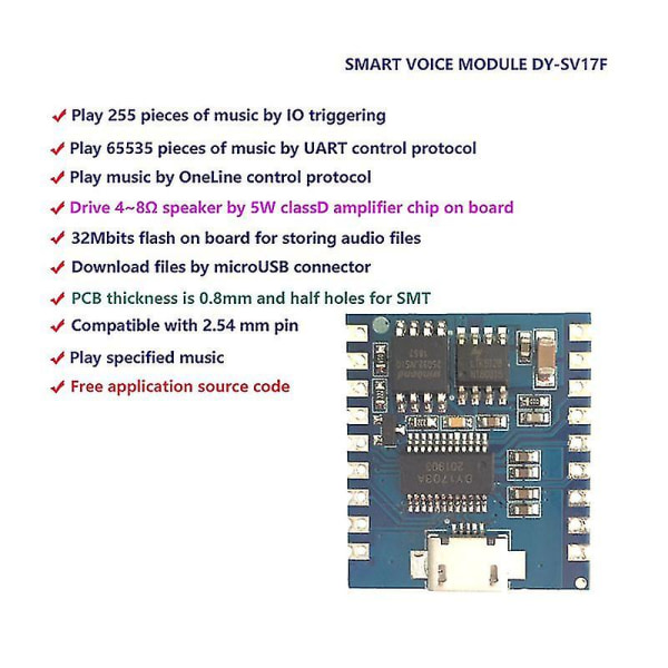 Dy-sv17f Audio Module Mini Mp3 Player Io Trigger USB Ladda ner Flash Voice Module