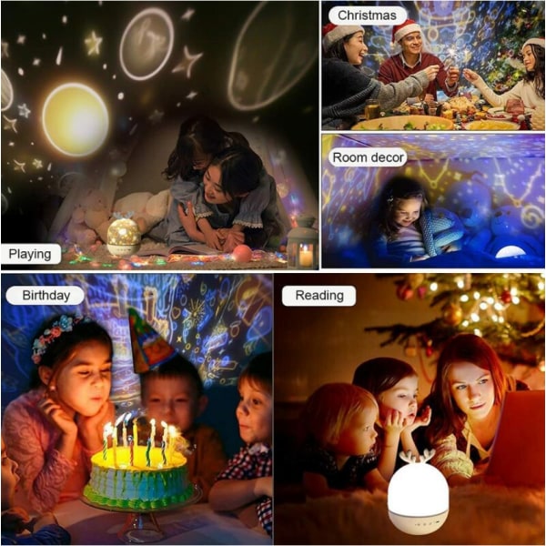 Baby nattlampa, LED barn nattlampa med musik och nattlampa 360° rotation, 8 låtar, 6 projicerade filmer