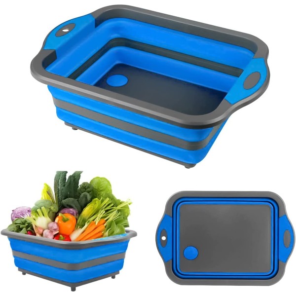 4-i-1 hopfällbar diskskål och skärbräda i plast med avtappningsplugg och handtag Vikbar campingdiskbänk för frukt och grönsaker (blå) blue