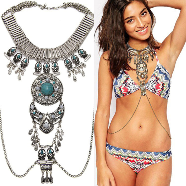 Boho Halsband Body Chain Tillbehör Etniska Halsband silver