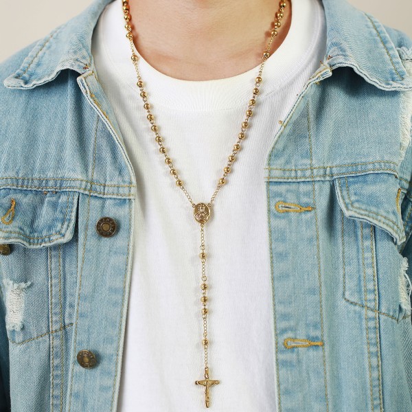 Titan stål Guld kors hänge Långt halsband Bead Chain Sweater Chain