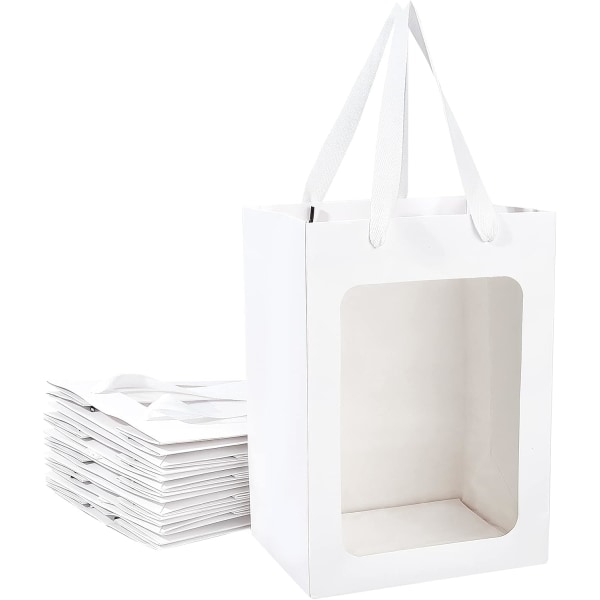 10-pack Vita presentpåsar av kraftpapper med fönster 25x18x13cm Papperspåsar Återförsäljningspåsar för förvaring av festfavoriter, blommor, matförvaring