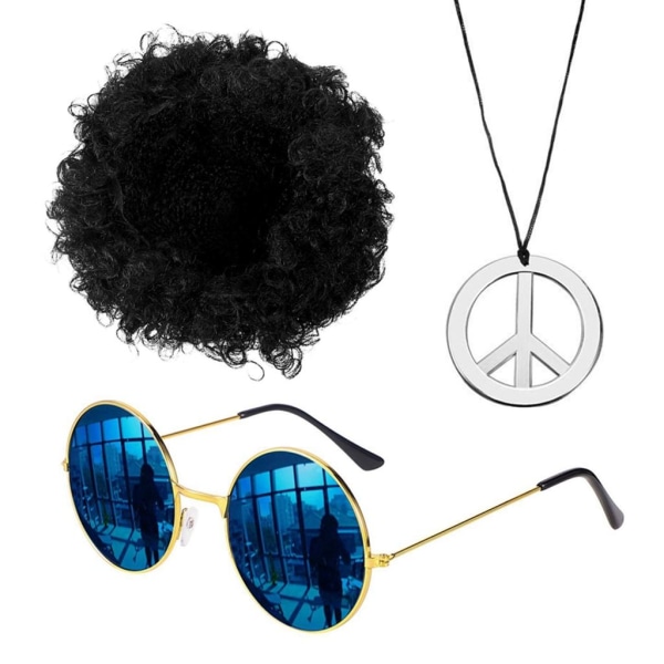 3 st Set svart peruk med solglasögon & halsband, temafest cosplayperuk black