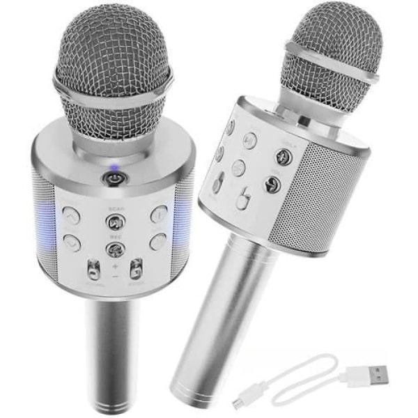 2-pack Bluetooth Karaoke trådlös mikrofon/mikrofonhögtalare för barn, vuxna - fest, sång, presentidé - silver silver