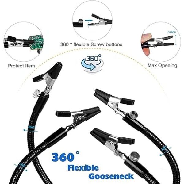 Flexibelt lödhjälpmedel, hjälpande händer, lödstationsverktyg, tredje hand, med 3X USB förstoringsglas och vridbara clips för hjälparmar