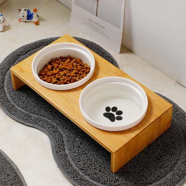 Kattskål Bambu Keramik Kattskål Dubbelskål Katt Matskål Hundskål Vattenskål Kattskålställ Husdjursbord