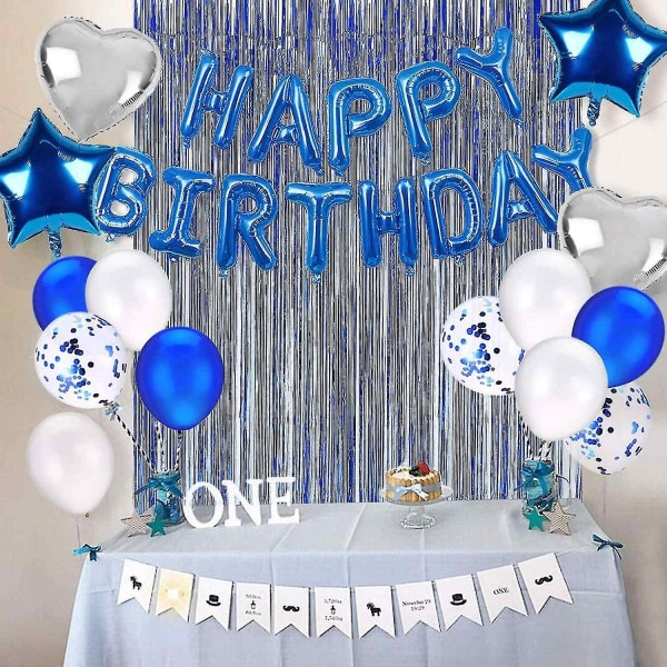 Födelsedagsfestdekoration Grattis på födelsedagen ballongbanner, konfettiballonger, folietofsgardin (blå)