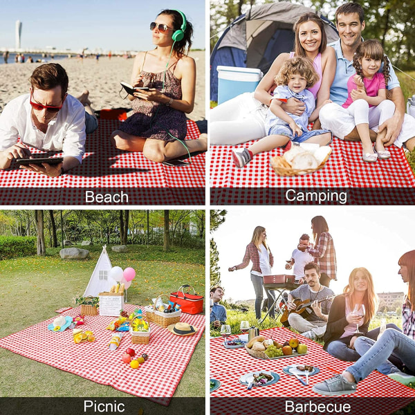 150 X 200 cm picknickfilt, picknickfilt utomhus vattentät stor hopfällbar strandfilt XXL med bärbar för utomhusbruk, camping, park, BBQ red white 150*200cm