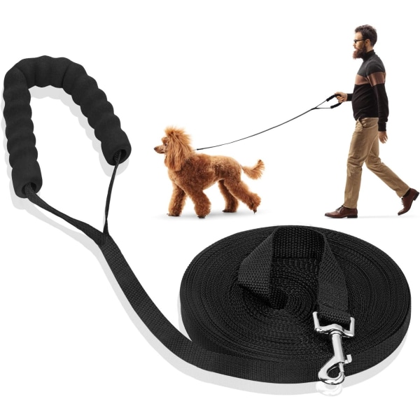 Hundträningskoppel Hundsnodd Långt koppel med vadderat handtag för små till stora hundar -10M, svart