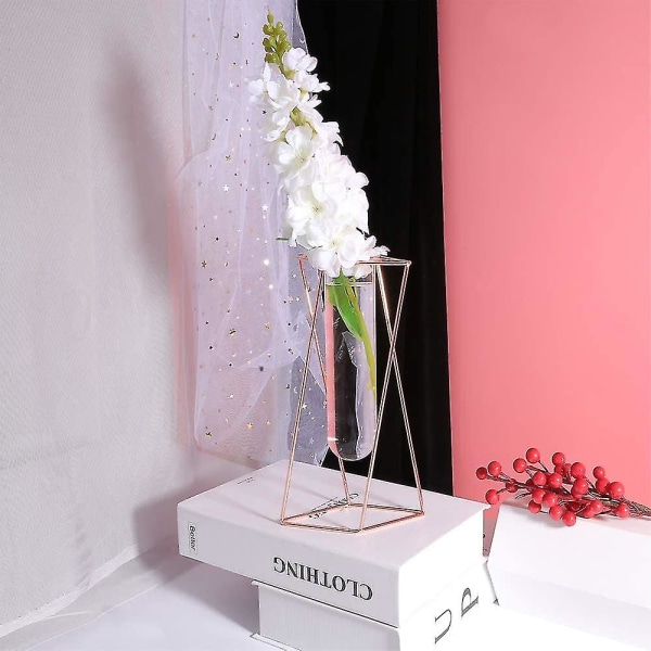 Blomvas i glas med metallställ Modern geometri bordsbord glaskruka Inomhus Hydroponics Växter för hemmakontor Trädgård bröllopsinredning (roséguld, L)