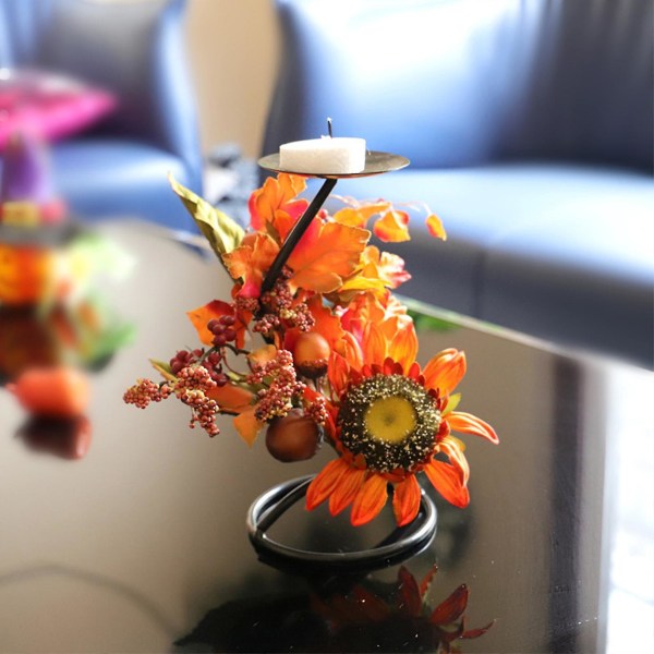 Dekorativt teljusljusstake Thanksgiving-bord Mittpunkter Höst Höst Blomsterarrangemang Konstgjorda lönnlövsbär Solblommaskördebord
