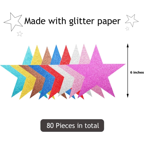 80 bitar Glitter Star Cutouts Pappers Star Confetti Cutouts för anslagstavla Klassrumsvägg Party Dekoration Supply, 6 tums längd, 8 färger