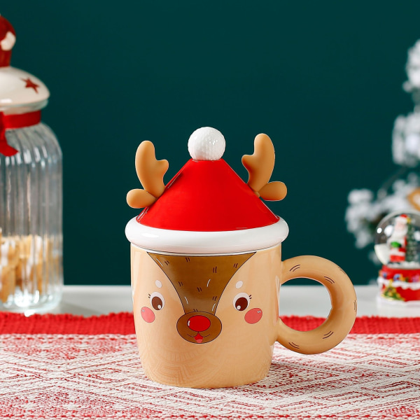 Söt julälgkopp med lock och sked, keramikkopp, kaffekopp, julklappskopp