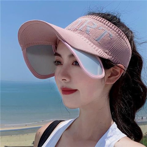 Sommarsolhatt med pärla justerbar stort huvud bred brättad strandhatt UV-skydd hopfällbar solhatt Pink Blue