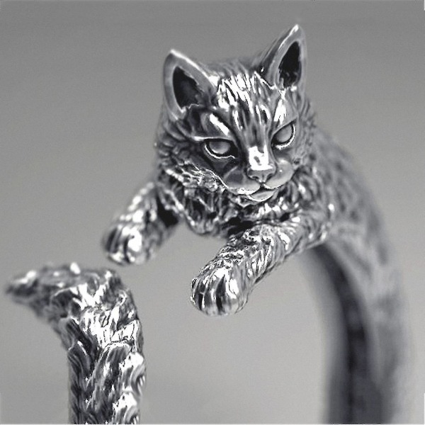Katt vintage silver justerbar djuromslag öppen ring kompatibel med kvinnor tonårsflickor gåva