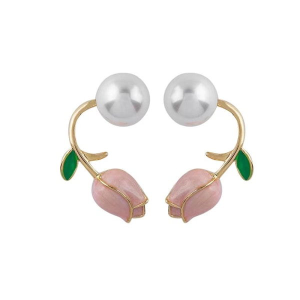 Rosa tulpan pärla två örhängen nisch ljus lyx design örhängen sött temperament matchande örhängen