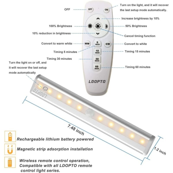 Kök LED-ljus Trådlös Fjärrkontroll Spotlight Hela Huset Stick LED-ljus med Magnetremsa/Auto På/Av Timer, Silver 2st