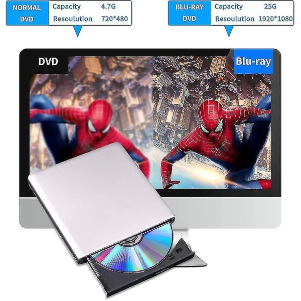 Extern DVD-enhet 3d, USB 2.0 och Type-c Bluray Cd Dvd-läsare Slim optisk bärbar