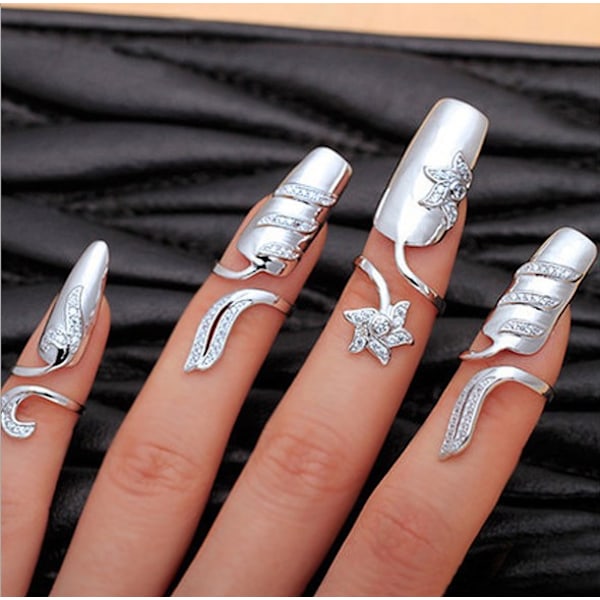 Personlighet Mode Kreativ Open Ring Nail Ring Kvinnlig Diamond Nail Set Dekoration