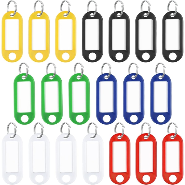 Paket med 20 kraftiga plastnyckelringar med delat ringetikettfönster - olika färger