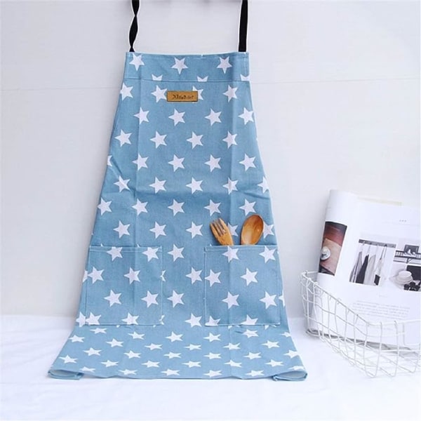 Stars förkläde med ficka bomull linne dam köksförkläde haklappar förkläde matlagningsförkläde för matlagning eller bakning Light blue