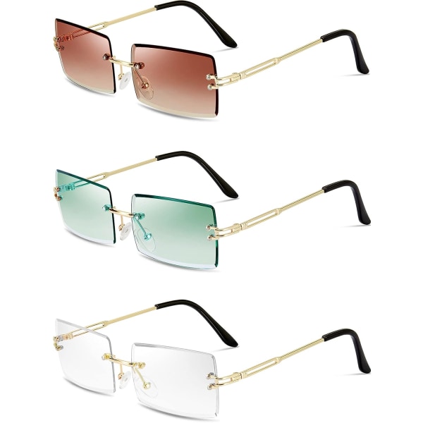 3 par båglösa rektangulära solglasögon Tonade ramlösa glasögon Vintage Transparent rektangel Y2K-glasögon för kvinnor män