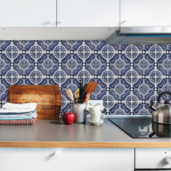 Retro blått och vitt porslinssimuleringskakelklistermärke hemrenovering kök badrumsinredning självhäftande och avdragbara väggdekaler 20cm×20cm×10pcs